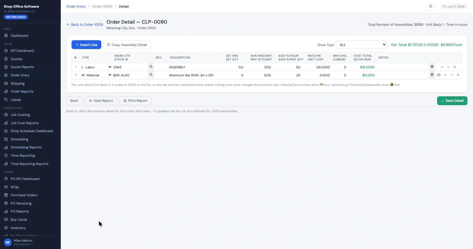Order detail with process routing